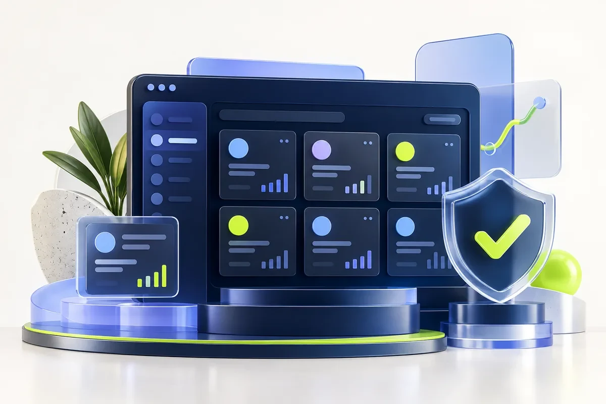 Navy business account dashboard with organized account tiles and a lime verification shield